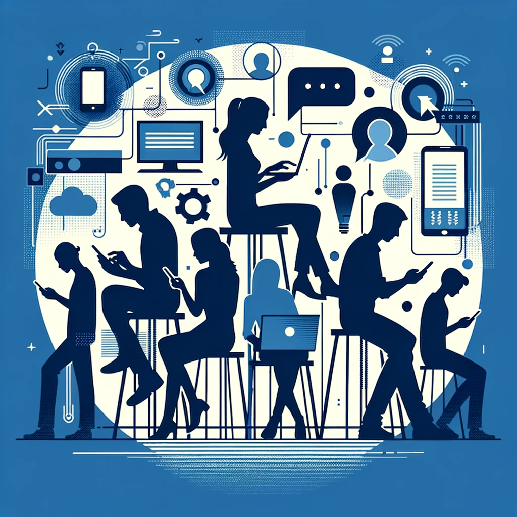 DALL·E 2024-02-29 15.27.01 - Revise the minimalist graphic to incorporate the primary color #014e78, featuring silhouettes of young people using technology and engaging in convers DALL·E 2024-02-29 15.27.01 - Revise the minimalist graphic to incorporate the primary color #014e78, featuring silhouettes of young people using technology and engaging in convers